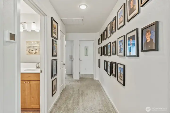 Wide hallways, high ceilings and bright, neutral colors...
