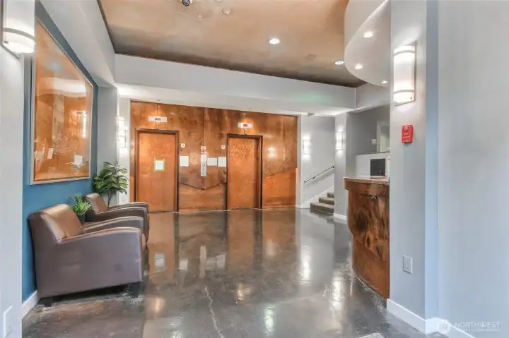Elevators right inside building. Game room to the right. Mail room to the left.