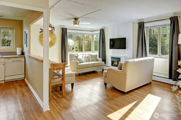 Kitchen, dinning room and living room with Murphy bed.