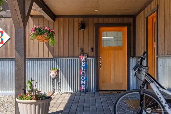 It has a large covered entry designed for year-round use.