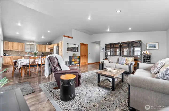 The great room has lots of natural light.