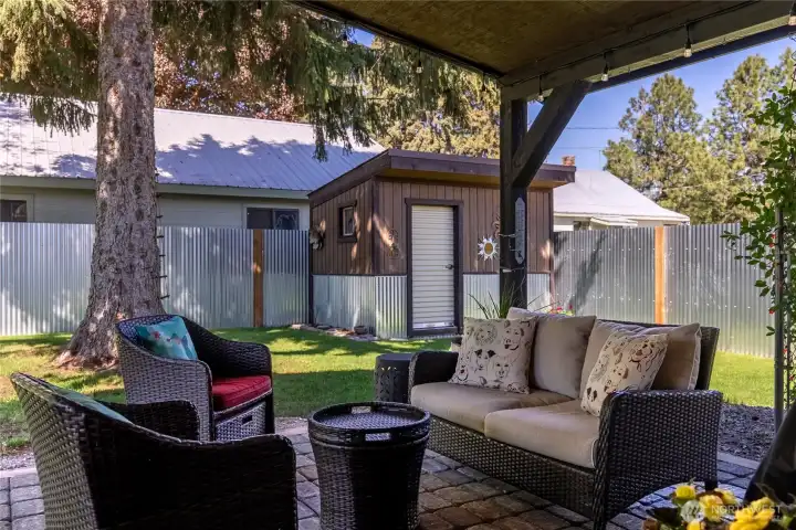 It has room for both sitting and dining and barbecuing!