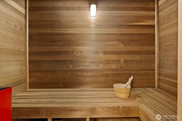 Wood-lined sauna provides a spa-inspired retreat within the home. Wood-lined sauna provides a spa-inspired retreat within the home.
