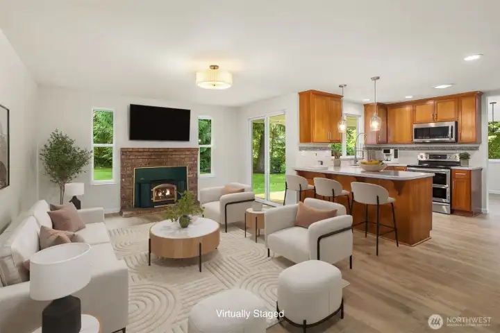 Kitchen flows into spacious family room