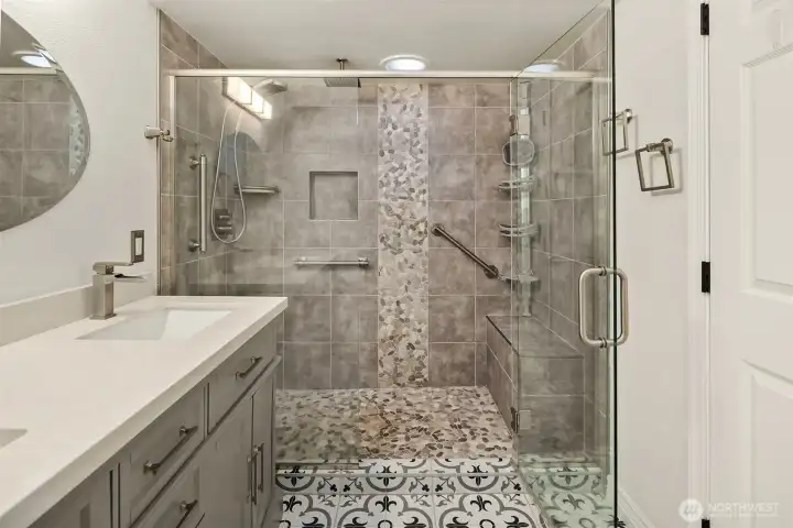 Remodeled bathroom with walk in shower