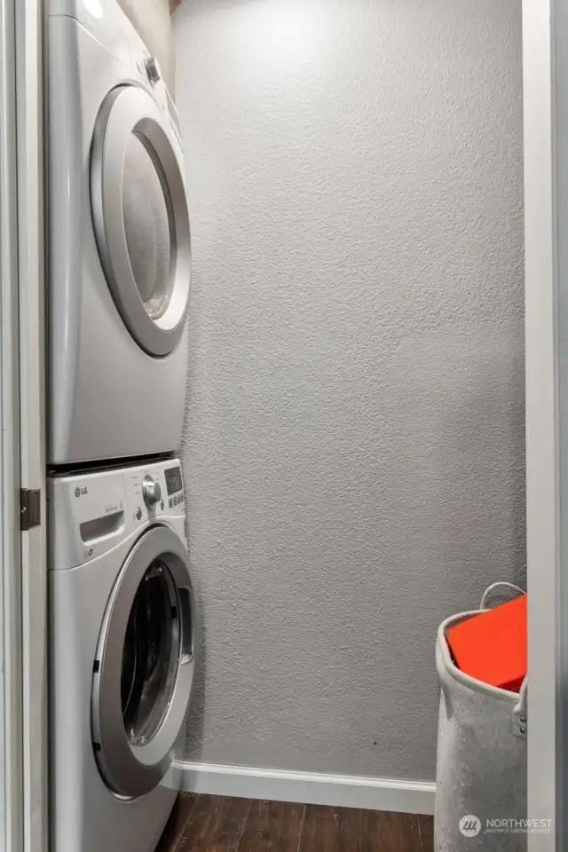 Conveniently located just off of the kitchen, you’ll find this efficient laundry center with included full size LG washer and dryer. Easy to switch over the laundry while busy in the kitchen, and a nice pocket door to slide shut and keep everything out of view.