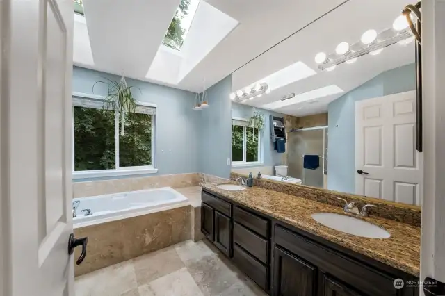 Primary bat with dual vanity, walk in shower, and bathtub. Look at the skylights and large window too!