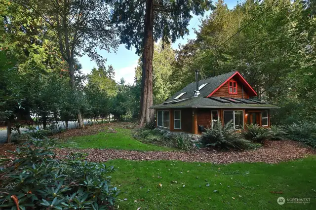 This is the south side of the cottage, access is via the French door entry. You can see Saratoga Creek Lane along the left edge of this photo. Lush lawn with a magnificent cedar.