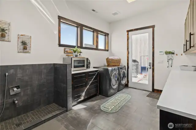 Laundry room equipped with a dog washing station.