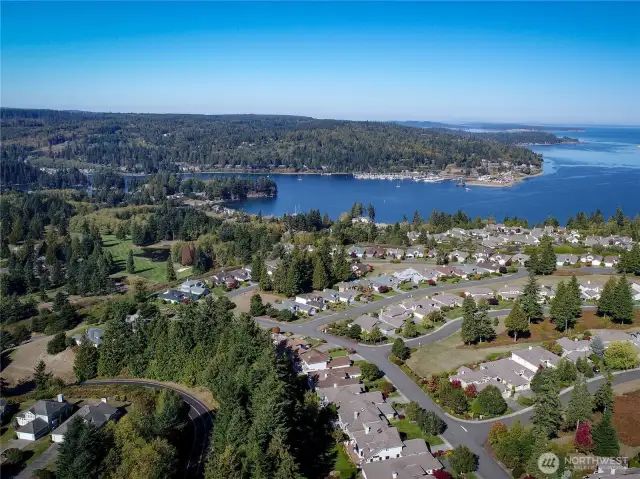 A drone view of South Bay in the Port Ludlow resort. Beautifully maintained, peaceful and teeming with activities.