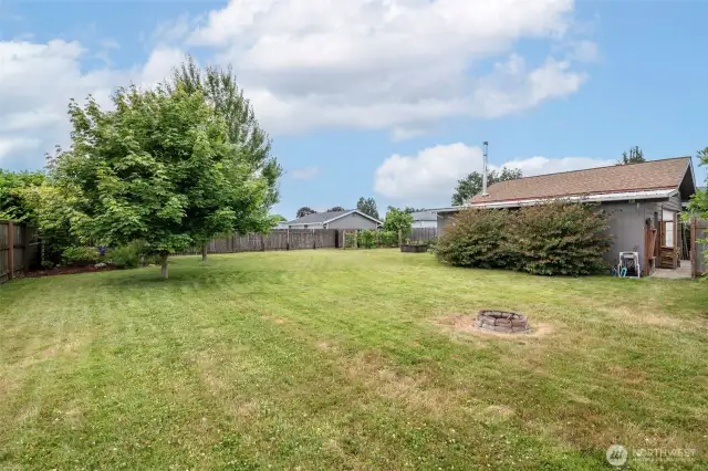 Trees and landscaping in the yard.