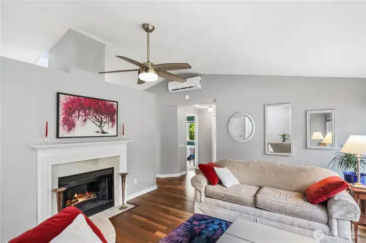 In this photo you see the wood fireplace for cozy nights, the mini split which provides heating and cooling and the modern ceiling fan.