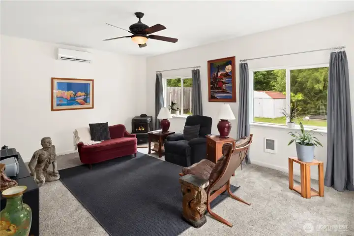 This family room is an extra room. It is being used as a TV room, but could be an exercise room or hobby room. There is a mini-split and a pellet stove in this room.