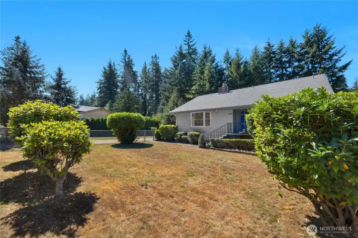Front yard from NE corner view prior to being serviced and greening again... Beautiful mature landscaped grounds...