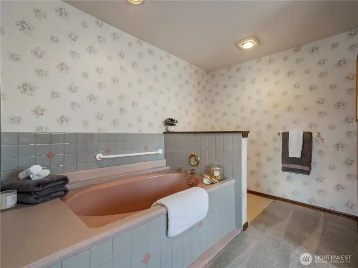 The generous bathroom off the primary suite has a large soaking tub and walk in closet.
