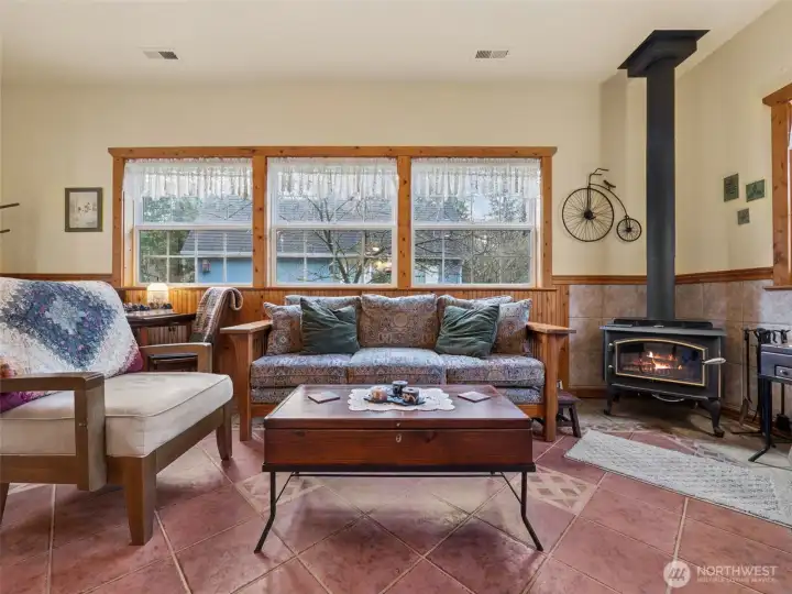 Cozy wood burning fireplace