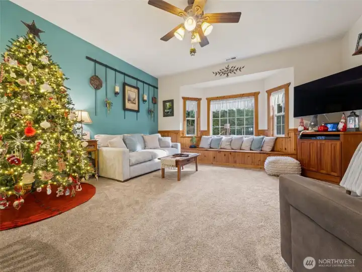 Bay wall with cedar lined storage bench.