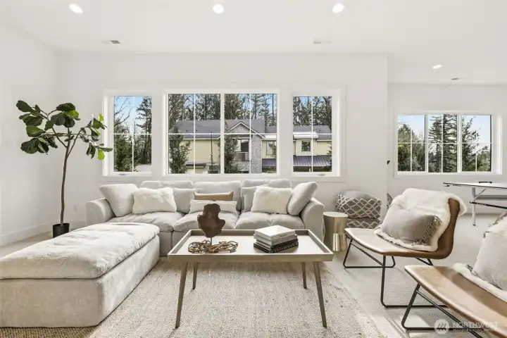 Expansive lower-level hangout with soaring 10-foot ceilings.