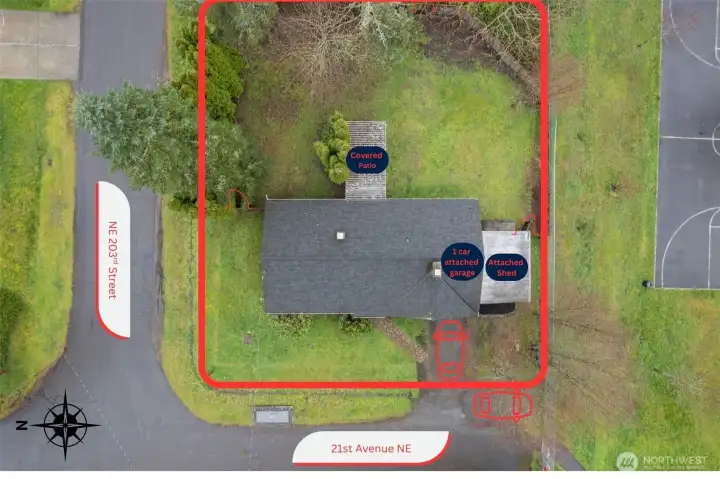 Aerial view of the home and the yard.