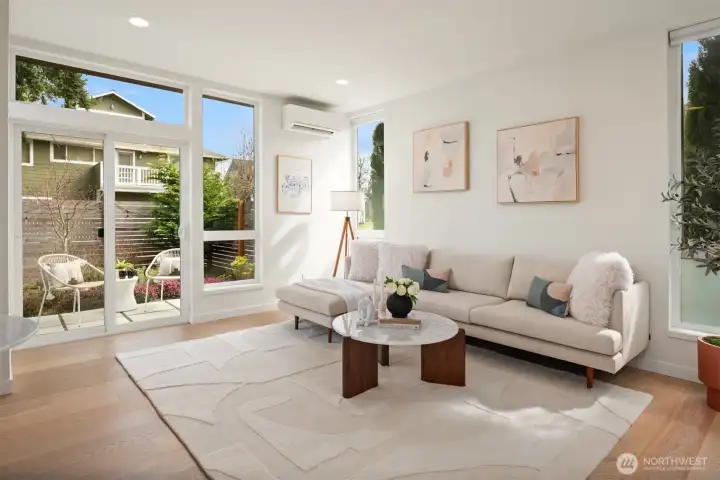 Mini-split heating and cooling in the living room and primary keep things comfortable year-round,