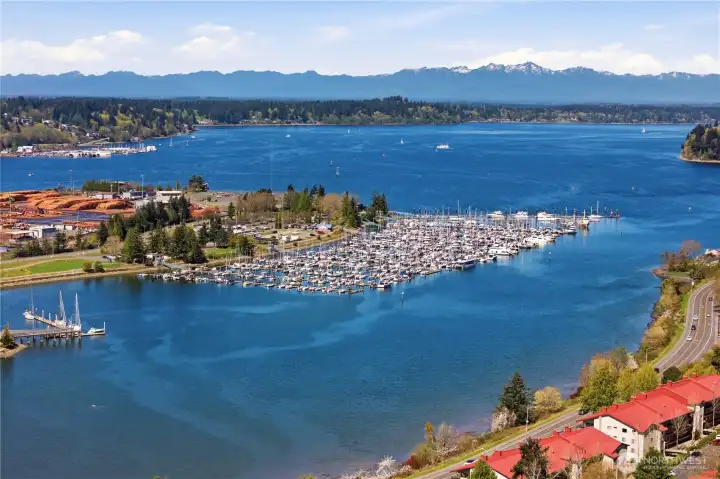 A view of the nearby Swantown Marina and Boatworks, with the towering Olympic mountain range in the background.