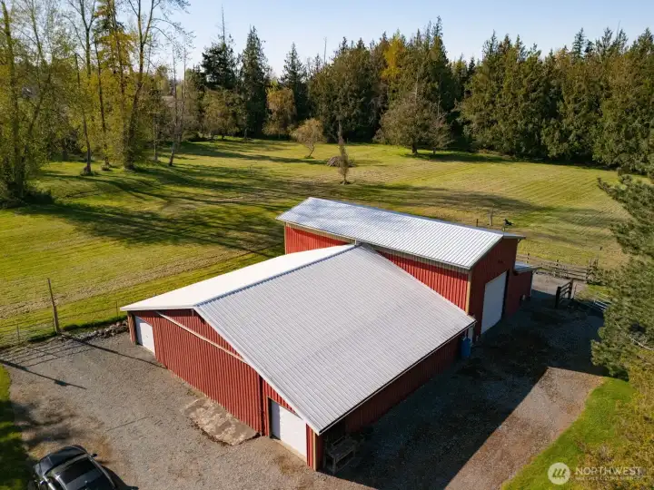 Aerial view of shop and horse barn.
