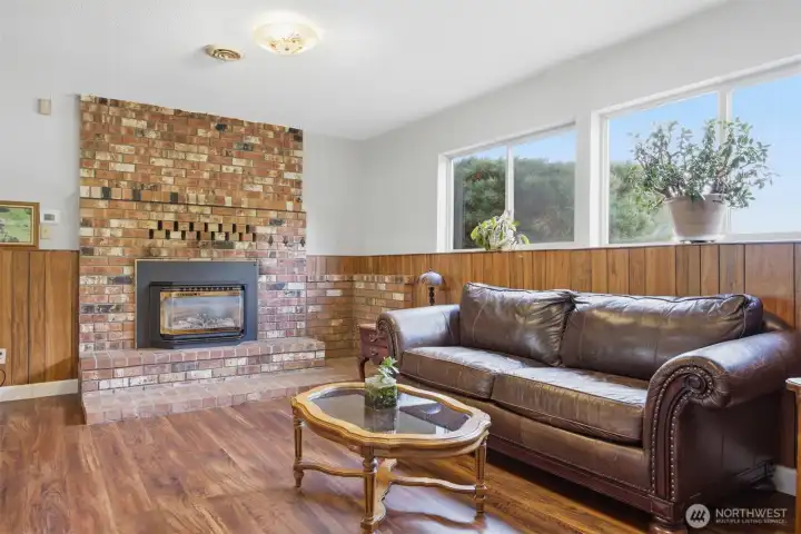 Gas fireplace insert on the lower level.