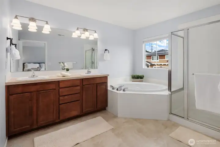 Huge primary suite 5 piece bath with new flooring