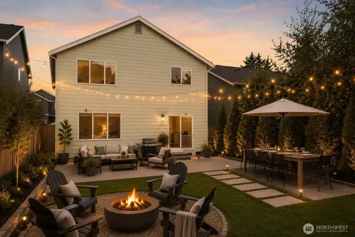 Virtually designed backyard at dusk