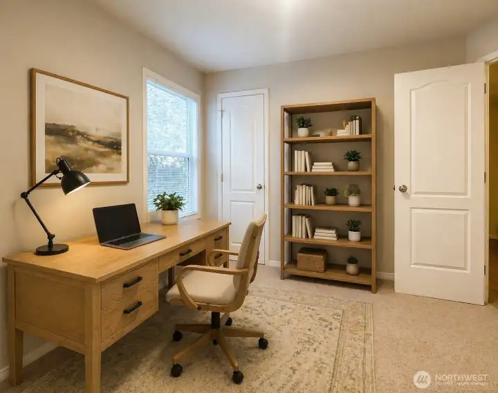 Spacious guest bedroom virtually staged as a home office, but perfect size as second bedroom or bonus/game room as well. Ready for whatever your lifestyle demands!