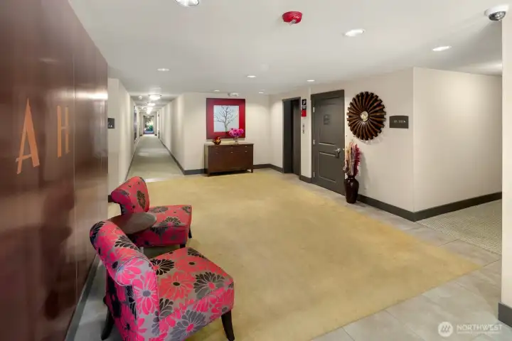 Light filled secure entrance lobby with elevator. Elevator is just steps from the unit entrance on the 3rd floor.