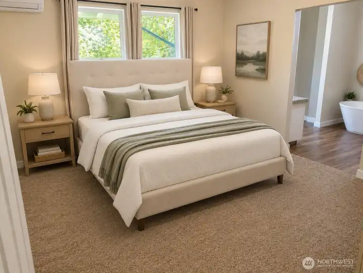 Main-level primary bedroom and en suite. Virtually staged.