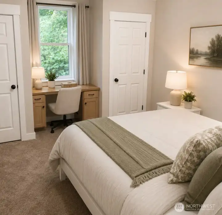 Main-level bedroom 2 of 3. Virtually staged.