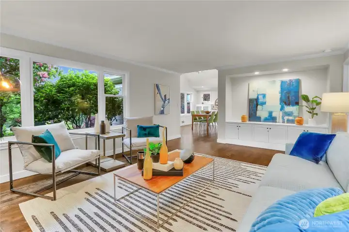 Another view of this lovely living room. Note the art nook to the right. It can double as a media center, with power available in the cabinets beneath.