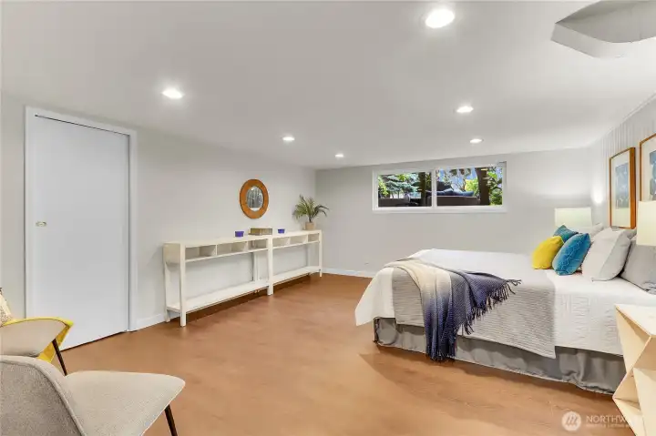Giant lower level bedroom, with a super sized closet/storage room there to the left.