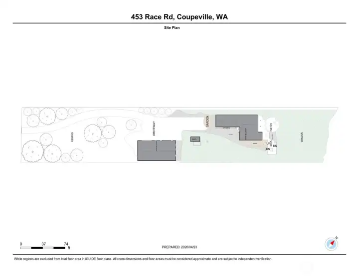 Site plan, showing position of shop, well house and house.