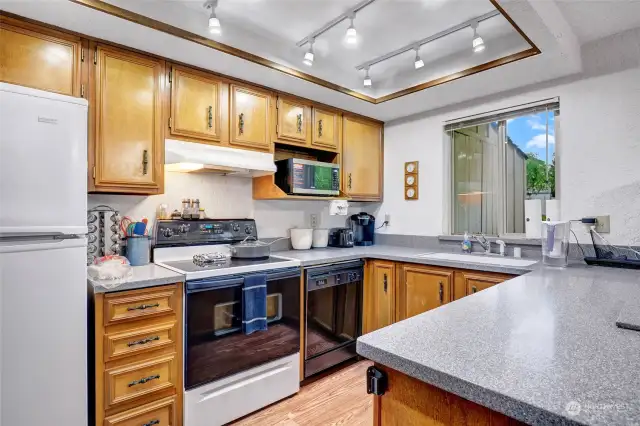 Large kitchen with hard surface countertops and tons of storage