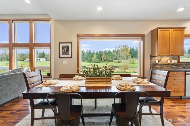 Dining window overlooks beautiful pond