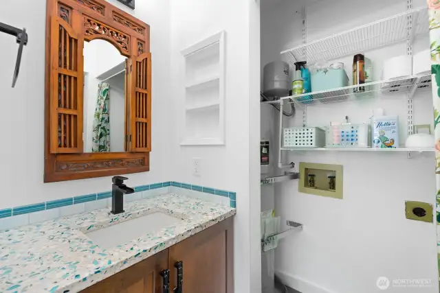 Storage Closet off the Bathroom already has Washer/Dryer hook-ups and vent.  Someone can add Laundry or just use the common Laundry Room off the Courtyard.