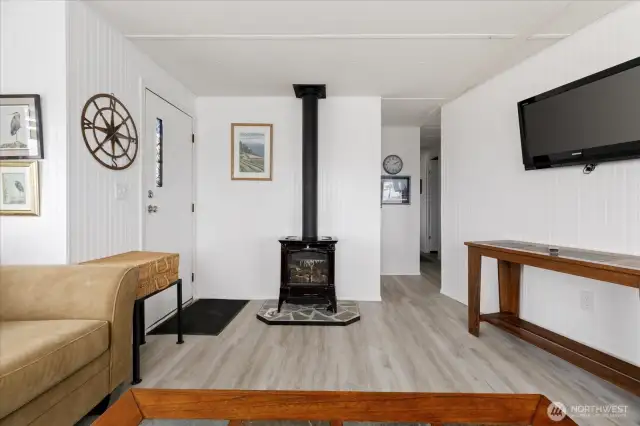 The free-standing propane stove will keep you toasty & acts as a secondary heat source should the power go out.