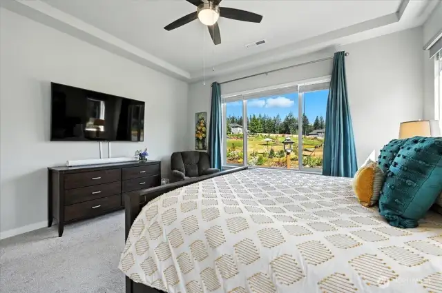 Primary bedroom with tray ceiling and ceiling fan