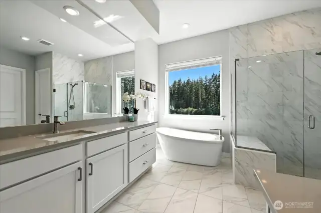 Spa inspired primary bath with Maax Sax soaking tub