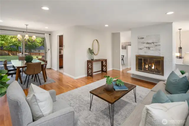 Wood burning fireplace in living room