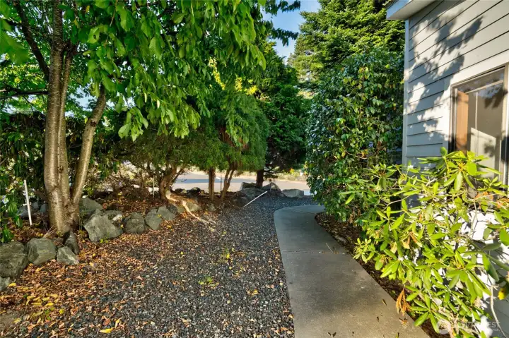 Private entry with mature fruit trees