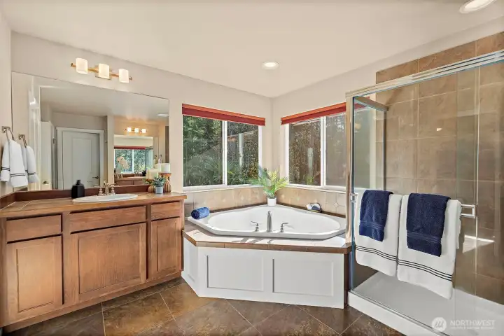 Relaxation in the Owner's Bath with a soak in spa overlooking greenbelt