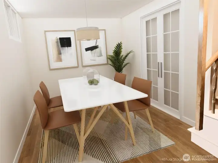 A landing at the bottom of the stairs would make a great dining area.  This photo is virtually remodeled.