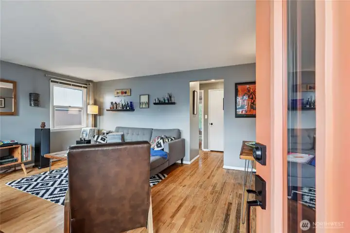 View of the living room from the front door.
