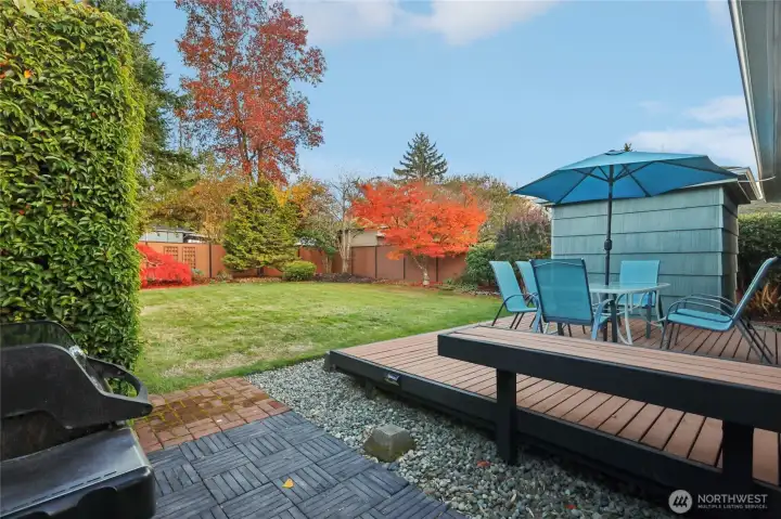Beautiful and private backyard.  The deck was refinished back in 2024.  The storage shed has power, and the exterior was repainted back in 2020.