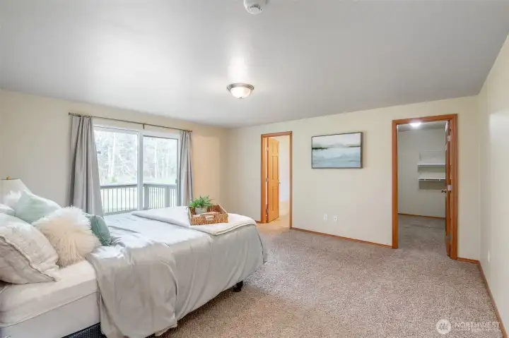 Primary room paired with a sizable walk-in closet and attached full bathroom.