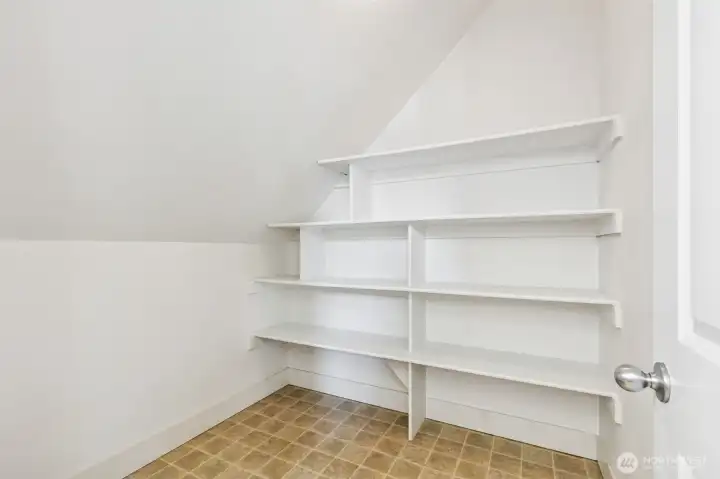 Walk-in pantry offering excellent kitchen storage and organization.